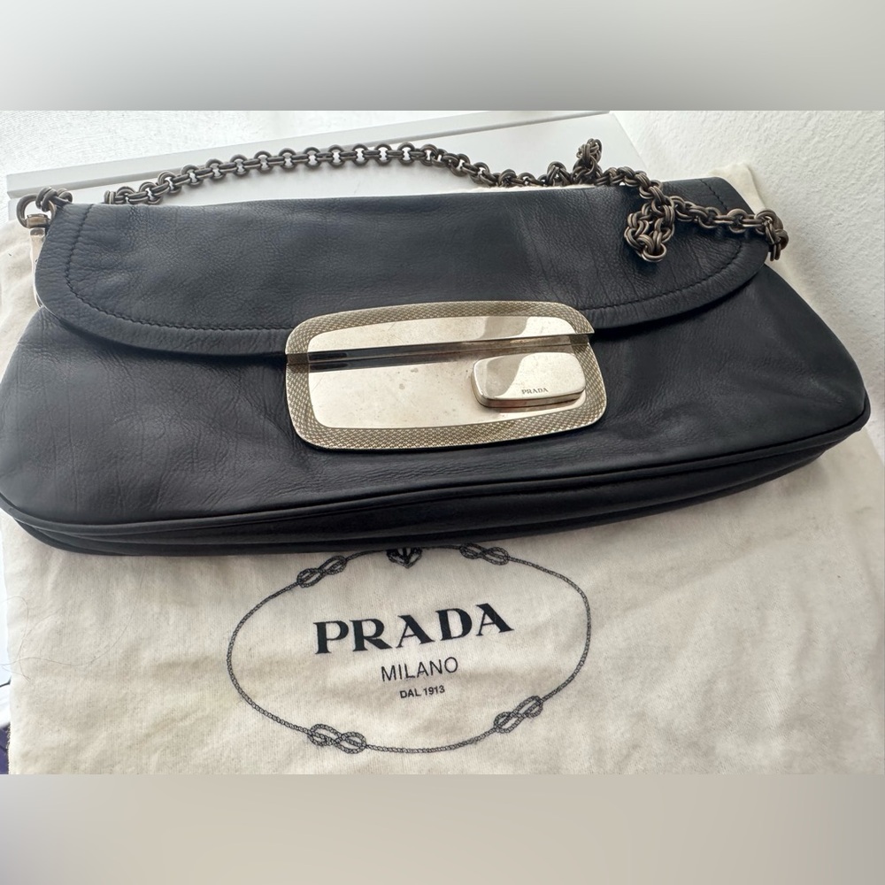 Prada Black Leather Calf Mirror Clutch Bag with Removable Chain